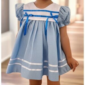 Peaches n' Cream Vintage Dress Floral Size 2T Prairie Blue & Polka Dot Church